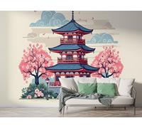 Japanese Tower Wall Mural, Self-Adhesive Peel & Stick Wallpaper, Cherry Blossom Ukiyo-E Design Photo Wallpaper for Living Room & Bedroom (400x280 cm), M-792