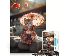 Japanese Tradition Cat Jigsaw Puzzle for Teenagers 1000 Pieces Cozy Fun Fine Thick Family Game Night Fun (38x26cm)