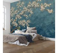 Japanese Traditional Art Wallpaper for Living Room - Tree Branches Cherry Blossoms Wall Murals, Non-Woven Blue Photo Wallpaper Wall Art, for Bedroom Kitchen Restaurant Office - 250 x 175 cm