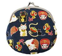 Japanese Traditional Chirimen Gamaguchi Coin Purse/Coin Pouch Manekineko (Beckoning Cat) Daruma Doll Design (Navy)