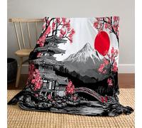 Japanese Traditional Ink Painting Blanket, Soft Cozy Flannel Cherry Blossoms Pagoda Printed Blanket, Lightweight Versatile Red Throw Blankets, for Girls Boys Kids Couch Sofa Bedroom Travel 220x240 cm