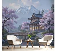 Japanese Traditional Style Wallpaper, Wooden Bridge Building Wallpaper for Room Decoration, Pink Wall Murals Art Decor, for Living Room Tv Background Bedroom - 400 x 280 cm