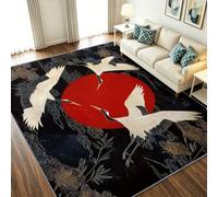 Japanese Ukiyo-E Area Rug Living Room Washable 80x150cm Black | Non-Slip Short Pile Soft Carpet with Flying Cranes Sun Leaves for Dining Room Bedroom Home Office
