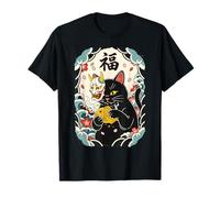Japanese Ukiyo-e Black Kitten Oni Mask Fish Happy Chance Art T-Shirt