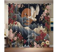 Japanese Ukiyo-E Curtains 46"W x 72"L Red-Crowned Cranes, Flowers, Mountains Room Darkening Curtains Thermal Insulated Energy Saving Super Soft Eyelet Blackout Curtain for Bedroom Dark Blue 2 Panels
