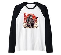 Japanese Ukiyo-E Samurai Cat Playing The Electric Guitar Raglan Baseball Tee
