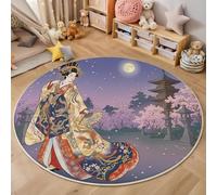 Japanese Ukiyo-E Style Round Area Rug 60cm, Washable Non-Slip Indoor Decor Pink Circle Rug, Soft Non-Shed Lightweight Geisha Cherry Blossoms Print Carpet, for Bedroom Nursery Playroom Entryway