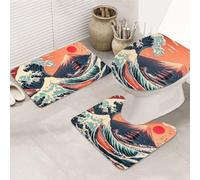 Japanese Ukiyo-E Style Waves Mount Fuji Red Sun Bathroom Rugs Sets 3 Piece, Soft Absorbent Memory Foam Bath Mats And U Shaped Contour Toilet Rug, Home Decoration, Quick Dry