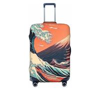 Japanese Ukiyo-E Style Waves Mount Fuji Red Sun Elastic Travel Luggage Cover Suitcase Protector, Print Suitcase Baggage Cover Anti-Scratch