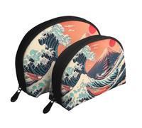 Japanese Ukiyo-E Style Waves Mount Fuji Red Sun Printed Makeup Bags 2-Piece Portable Shell Travel Toiletry Bag