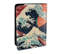 Japanese Ukiyo-E Style Waves Mount Fuji Red Sun Printed Passport Holder,Travel Pu Leather Passport Cover Case Organiser for Men Women,6.5 Inch