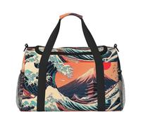 Japanese Ukiyo-E Style Waves Mount Fuji Red Sun Waterproof Weekender Bags Duffel Bag Large Carry On Hand Luggage Bags Foldable Tote Bag for Travel Sports Gym Dance