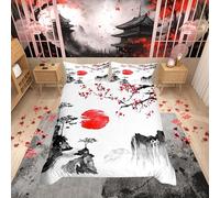 Japanese Ukiyoe Bedding Set Cherry Blossoms Red Sun Duvet Cover for Kids Boys Girls Ink Japanese Style Comforter Cover Exotic Style Bedding & Linen 3Pcs Bedding Double