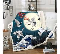 Japanese Ukiyoe Fleece Throw Blanket 3D Red-Crowned Crane Print Sherpa Blanket for Kids Boys Girls Ocean Wave Moon Plush Blanket Hokusai Decor Fuzzy Blanket for Sofa Bed Couch,Single 50x60 Inch
