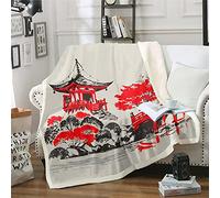 Japanese Ukiyoe Fleece Throw Blanket Daigoji Temple Sherpa Blanket Kids Boys Autumn Season Kyoto Japan Plush Blanket Exotic Japanese Vintage Decor Fuzzy Blanket for Sofa Bed,Single 50x60 Inch