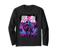 Japanese Vaporwave Ninja with Katana Retro Sunset Moon Long Sleeve T-Shirt