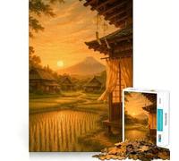 Japanese Village at Sunset with Mount Fuji Puzzles for Adults 1000 Puzzles Brain Teaser Sharp Detail Family Pastime Art Piece (38x26cm)