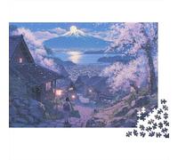 Japanese Village Night 1000 Piece Stress Relief Puzzle for Adults Magical Night Mount Fuji Cherry Blossom Village Premium Sturdy Challenging Relaxation 52x38cm/1000pcs