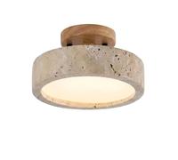 Japanese Wabi Sabi Travertine Ceiling Light, Solid Wood Flush Mount Light Fixture, Natural Stone Lamp for Bedroom, Entryway, Hallway, 3-Color Dimmable LED