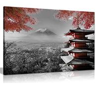 Japanese Wall Art Canvas Print - Autumn Temple, Mount Fuji, 30x20 Inch | Framed Pictures for Living Room, Bedroom, Hallway; Black White Red; Ready to Hang, Handmade in UK; Panther Print Wall Prints