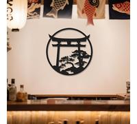 Japanese Wall Art Metal Asian Art Japanese Decor Nature Art Cherry Blossom Tree Torii Gate Religious Wall Decor Shinto Landscape Decoration Home Decor Aesthetics - Black, 18.5x18.2 inch