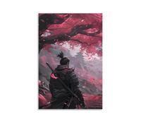 Japanese Warrior Samurai Plum Blossom Wall Art Canvas Poster Elegant Black And Red Decor Ideal for Modern Watercolor Bedroom Living Room Office Accent Piece 12x18inch(30x45cm)