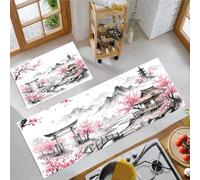 Japanese Watercolor Non Slip Kitchen Rug Set 2 Pieces, Washable Cherry Blossom Pagoda In The Clouds Kitchen Floor Mat, Pink And White Standing Mats For Office Home Decoration, 44X75Cm+44X120Cm