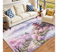 Japanese Watercolour Washable Rugs Non Slip Area Rugs, Pink Low Pile Soft Printed 80 x 150 cm Carpet for Living Room Bedroom Dining, Traditional Mount Fuji Botanical Cherry Blossom Foldable Throw Rug