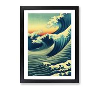 Japanese Wave At Sunset Framed Wall Art Print A2 Black