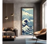 Japanese Wave Door Mural CoversNautical Cloud 3D Self-Adhesive Door Stickers Peel and Stick Removable Wallpaper for Home Decor Asian Mountain Waterproof PVC Doors Decals 95 x 210 cm
