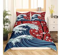 Japanese Wave Duvet Cover, Cherry Blossom Comforter Cover, Cartoon Spring Floral Ocean Bedding Set For Kids Girls Women Branch Botanical Japan Bedspreads Cover With 1 Pillow Case, Single Size Red Blue