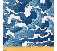 Japanese Wave Fabric by The Yard, Retro Nautical Upholstery Fabric, Sea Surf Theme Decorative Fabric for Upholstery and Home Accents,Waterproof DIY, Blue, 1 Yard