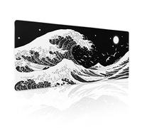 Japanese Wave Gaming Mouse Pad XL Black White Sea Aesthetic Moon Extended Large Desk Cover Big Table Mat Non-Slip Rubber Base Stitched Edge Long Mousepad for Deskton Office PC Gamer,31.5×11.8 in
