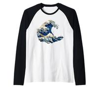 Japanese Wave Origami Style Hokusai Inspired Fuji Mountain Raglan Baseball Tee