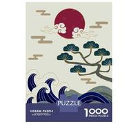 Japanese Wave & Pine Tree Art 1000 Piece Jigsaw Puzzle, Historic Square Architecture, Thick Cardboard Pieces for Travel Lovers, Mindful Activity, Paper Board, 38x26cm/1000pcs