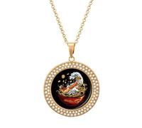 Japanese Wave Ramen Novelty Necklace Round Pendant Diamond Jewelry Gifts For Men Women Golden-style-9