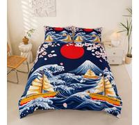 Japanese Waves Duvet Cover Set Single Size,Sakura Fuji Mountain Bedding 2Pcs for Kids Girls Boys Teens Room Decor,Ocean Sea Sailboat Comforter Cover Gorgeous Ukiyo-e Art Quilt Cover,1 Pillowcase
