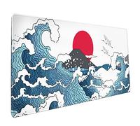 Japanese White and Blue Wave Mouse Pad 35.4 X 15.7 Inch Crane Hill Red Sun Extended Large Cool Mouse Mat Non-Slip Rubber Base Mousepad with Stitched Edges Waterproof Desk Pad for Gaming&Home Office,XL