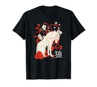 Japanese Wolf Floral Wolves Flower Japan T-Shirt, Men, Black, Large