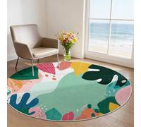 Japanese Wood Style Round Rug for Bedroom Corridor 180 cm, Non-Shedding Colour Abstract Plants Leaves Circle Rug, Machine Washable Non-Slip Bedside Rugs, Soft Short Pile Modern Home Decor