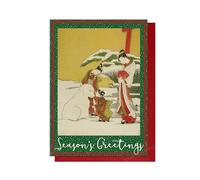 Japanese Woodblock Art Luxury Christmas Greeting Cards Set Pack Red Envelopes (Harunobu: Children making a Snow Dog)