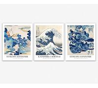 Japanese Woodblock Art Poster - Utagawa Kuniyoshi and Katsushika Hokusai Japan Poster Wall Art Set Of 3 Evening View of Fuji The Cortesan Hanao of Ogi-Ya & The Great Wave Poster (11 x 14)
