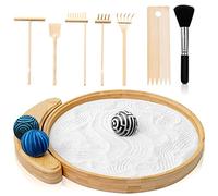 Japanese Zen Garden Kit for Desk | 9.5" Bamboo Sand Tray | 3 Resin Stamp Spheres | Meditation Accessories | 6 Mini Garden Rake | Decor Gifts