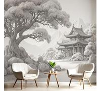 Japanese Zen Style Panoramic Wallpaper Mural - Grey Ancient Temple, Pine Trees, And Rocks Silk Photo Wallpaper for Living Room, Bedroom Dining Room Feature, High-Resolution Wall Décor 200x140cm