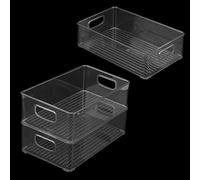 JAPCHET 3 Pack 25.5 x 15 x 7.6cm Fridge Storage Organiser Trays, Stackable Kitchen Cupboard Storage Trays, Clear Plastic Refrigerator Bins with Handles for Kitchen, Cupboard, Freezer, Pantry