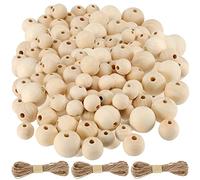 JAPCHET 300 PCS 3 Sizes Wood Beads Set, 20mm 25mm 30mm Natural Wooden Loose Beads with String for Craft
