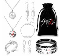 Japior 8Pcs Stray Kids Merch Jewelry Set, SKZ Compass Star Necklaces Rings Beaded Bracelets Dangle Hoop Earrings with Storage Bag, Kpop Fans Collection Accessories Gift for Concert Daily Wear