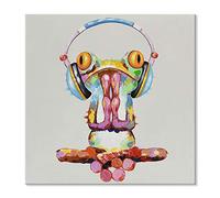 JAPO ART Frog Doing Yoga and Listening to Music Funny Animal Canvas Wall Art Meditate Frog Poster 100% Hand Painted Frog Painting for Kidroom Bedroom Living Room Ready to Hang 24x24Inch