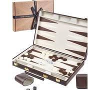 Jaques of London 15" Backgammon Set | Luxury Traditional Games with Premium Box | Brown Leatherette Folding Case for Travel Backgammon | Classic Board Game for Adults & Families | Since 1795