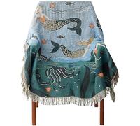 JAQVIVI Mermaid Sofa Throw Blanket, Knitted Cotton Sofa Cover with Fringe, Ocean Theme Decorative Tablecloth (180 * 230)